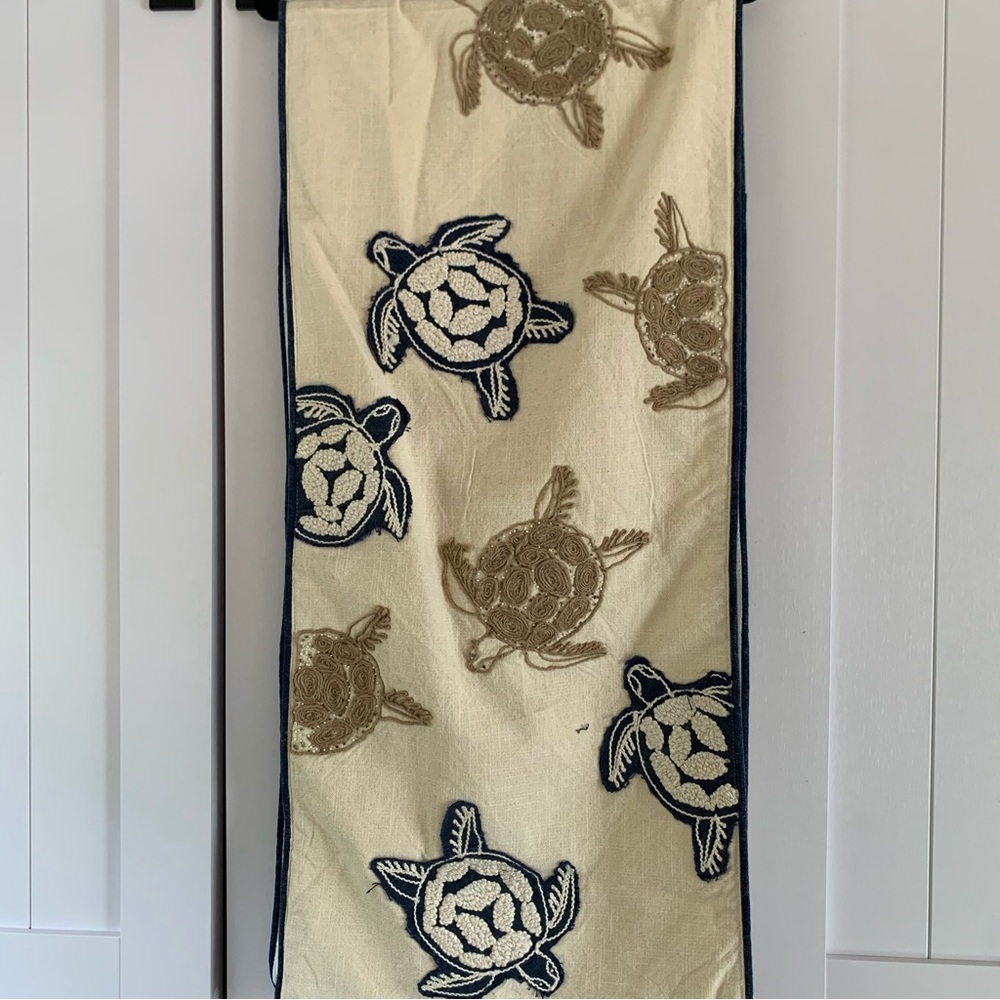 Embroidered Sea Turtle Runner - Navy & Beige